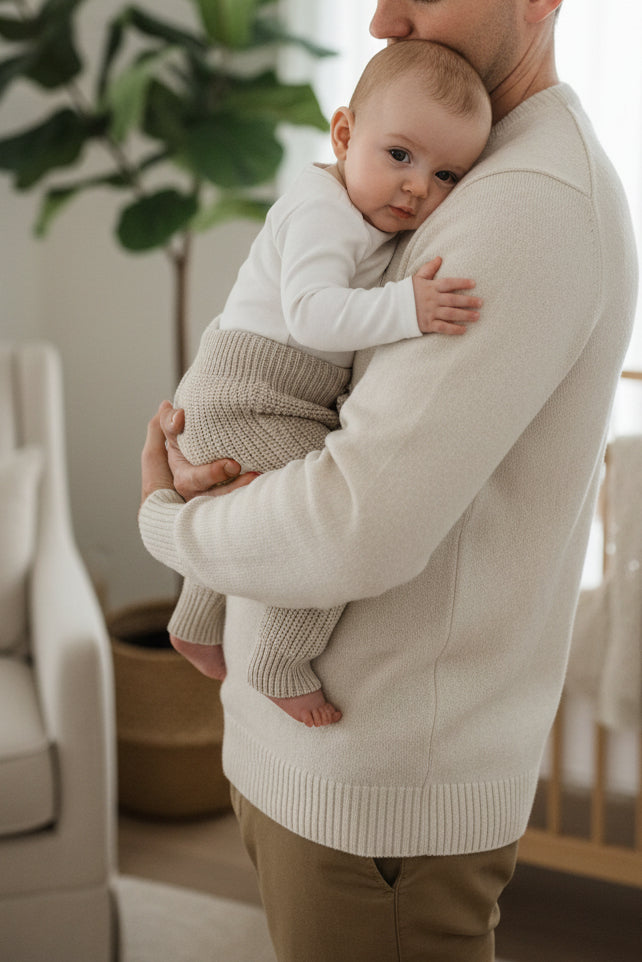 Beige organic cotton soft knitted baby pants for 0–3 months by Harper Clare.
