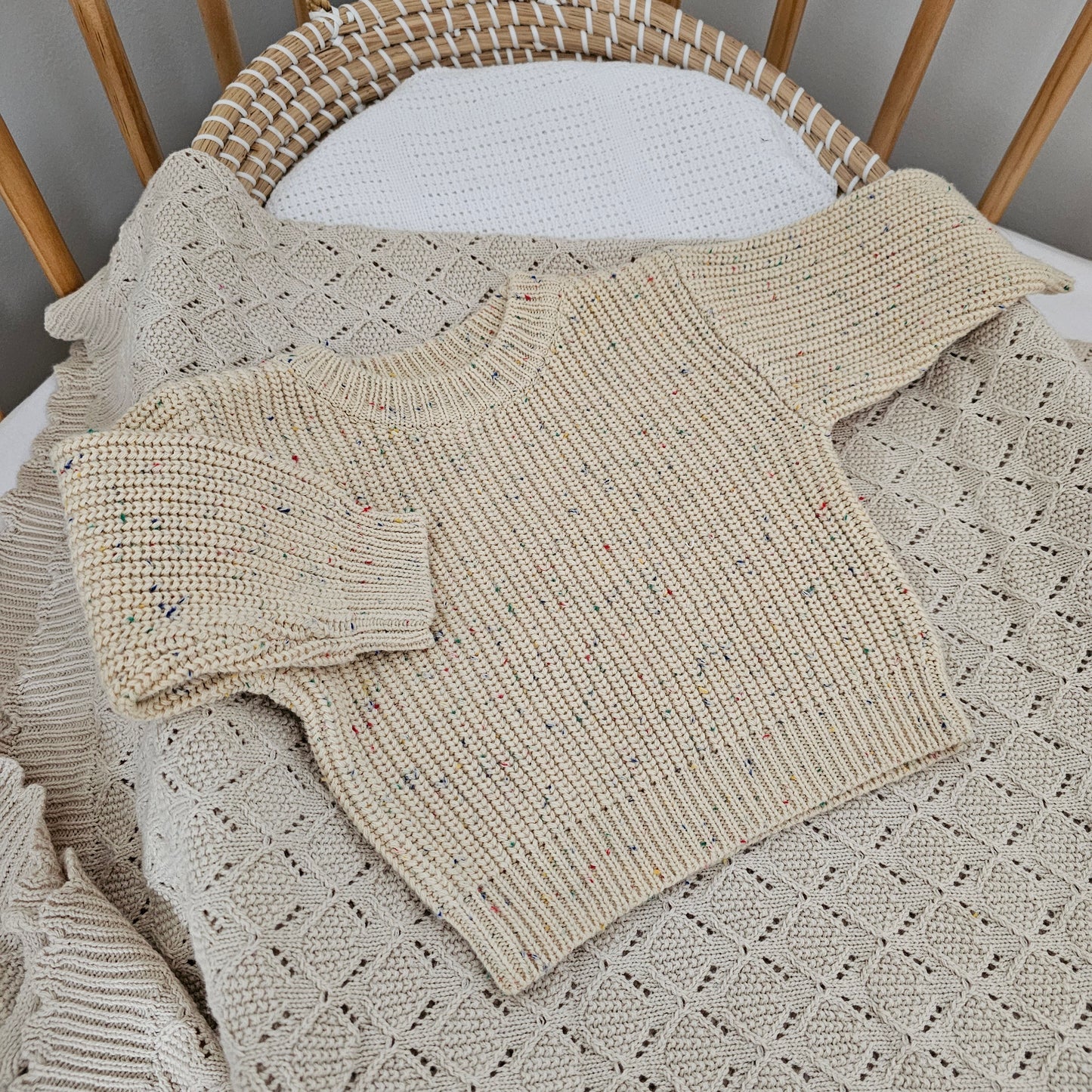 Speckled Sand organic cotton newborn jumper, soft knitted baby outfit for 0–3 months by Harper Clare