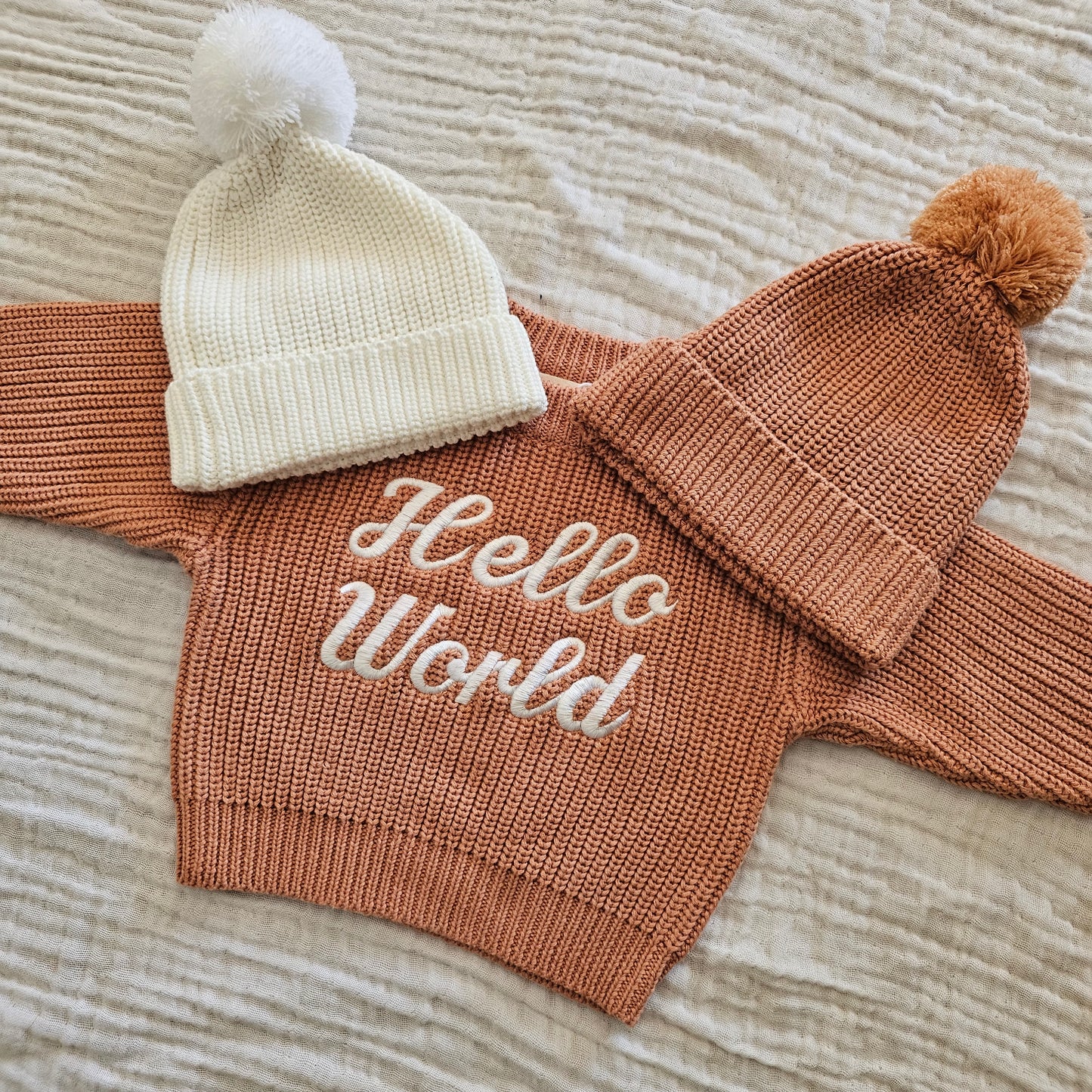'HELLO WORLD' Chunky Knit Jumper | Dusty Clay