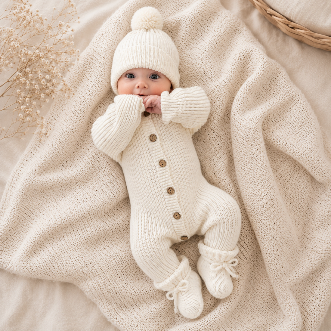 Milk White organic cotton knit beanie, long romper and booties. The perfect gift bundle and wardrobe staple