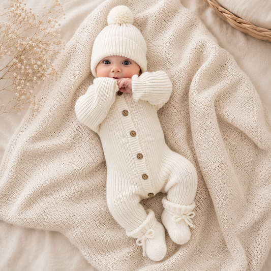 Milk White organic cotton knit beanie, long romper and booties. The perfect gift bundle and wardrobe staple