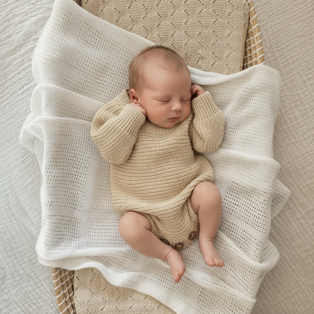 newborn baby wearing cotton chunky knit romper in speckled sand 