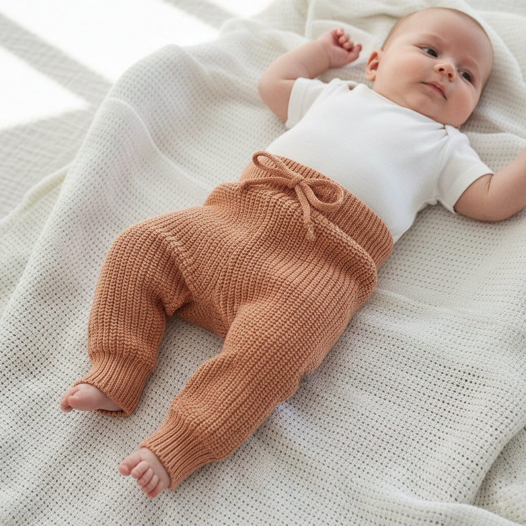 3 month old baby wearing dusty clay knitted cotton baby pants