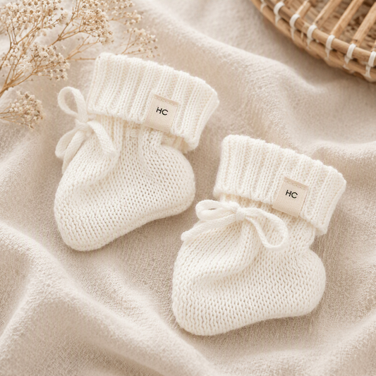 Milk White organic cotton newborn booties, soft knitted baby booties for 0–3 months by Harper Clare.