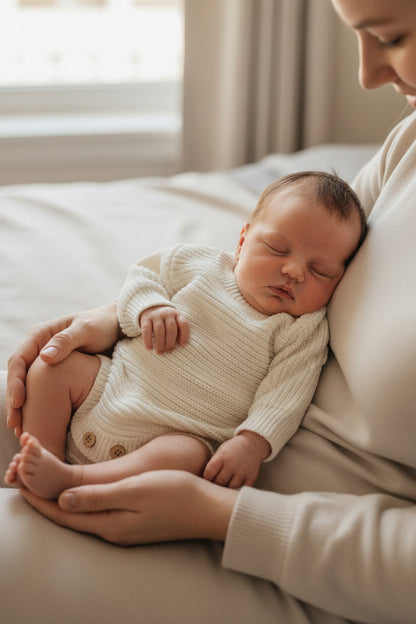 White ribbed knit baby outfit set consisting of a long-sleeve romper and a matching pom-pom beanie, laid flat on a textured beige fabric background.