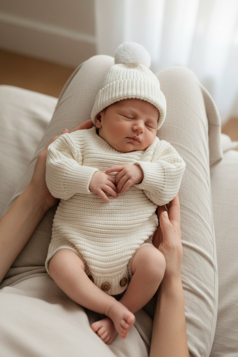White baby knit set consisting of a long-sleeve ribbed romper with three wooden buttons and a matching pom-pom beanie
