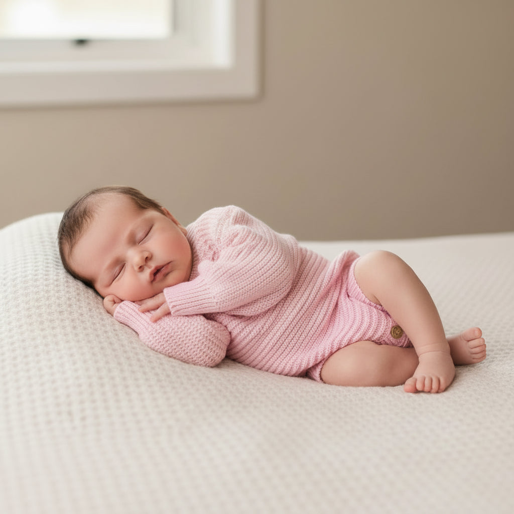 A sleeping newborn baby wearing a pink knit long-sleeve romper, lying on a textured cream-colored mattress in a softly lit room.