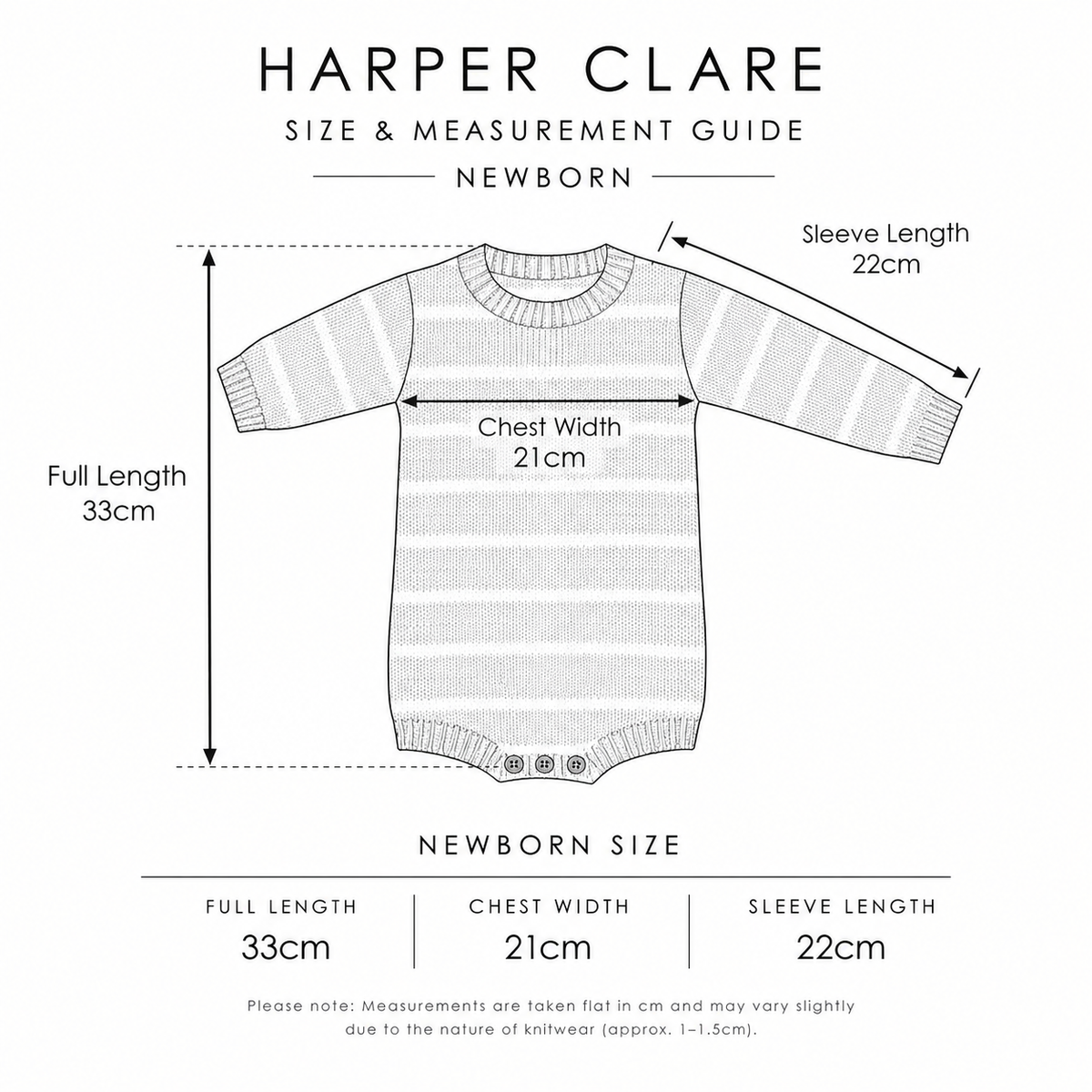 Sky blue newborn romper measurements and sizing guide
