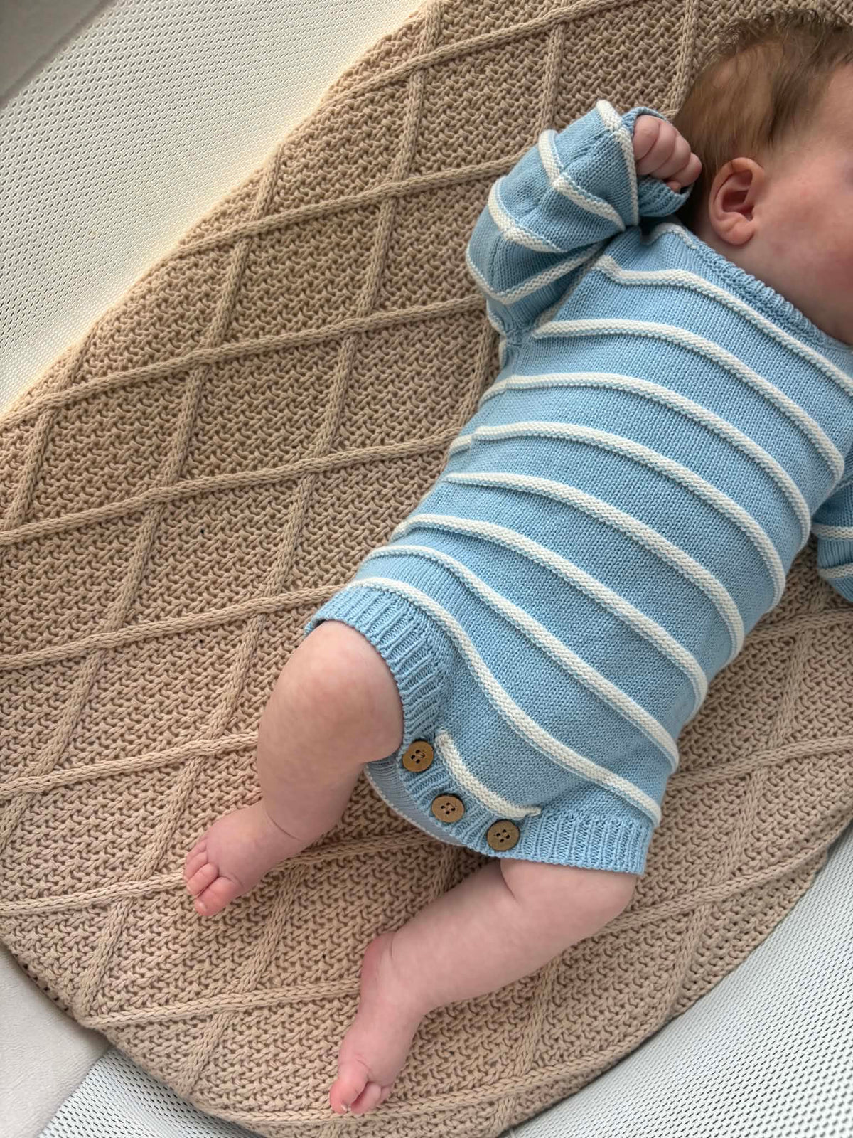 Sky blue and white ribbed stripe knitted newborn romper