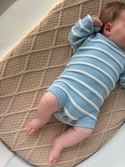Sky blue and white ribbed stripe knitted newborn romper