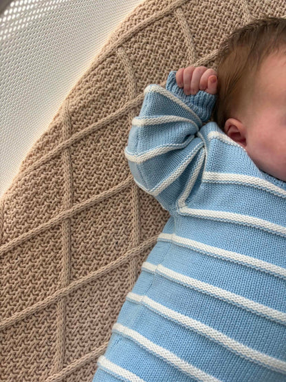Sky blue organic cotton newborn knit romper with wooden buttons