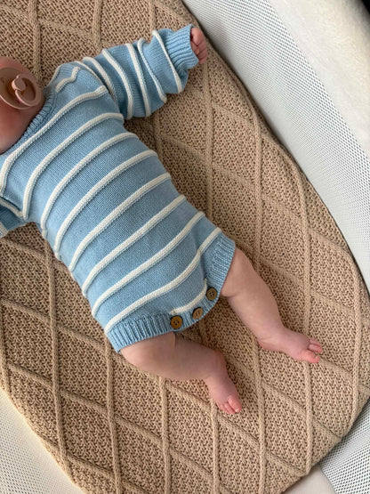 Sky blue ribbed newborn romper fold-over cuffs