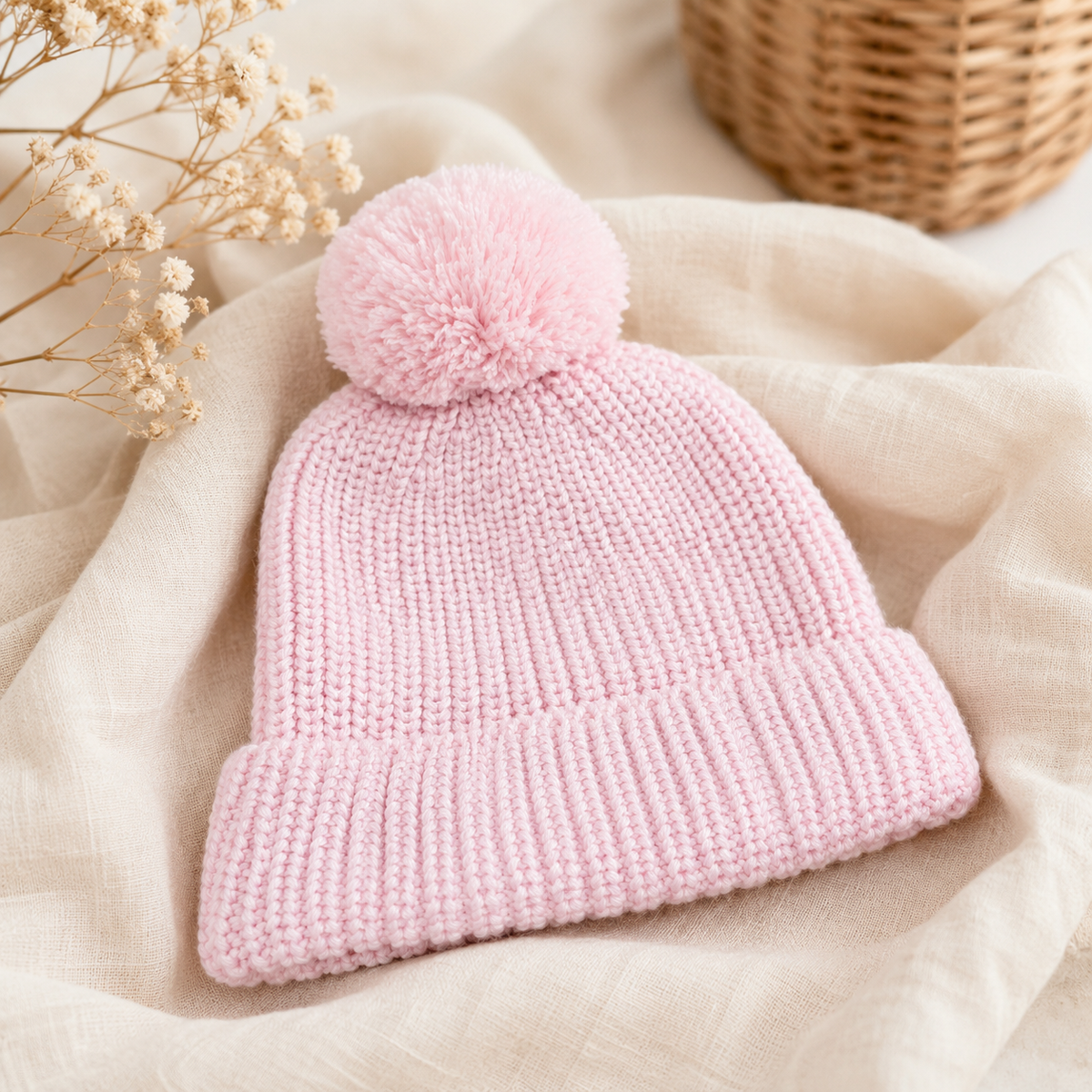 Baby Pink organic cotton knitted newborn beanie