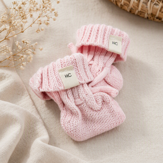 Marshmallow organic cotton newborn booties, soft knitted baby booties for 0–3 months by Harper Clare.