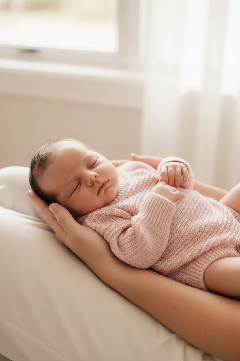 A light pink ribbed knit baby organic cotton romper for newborn photoshoot