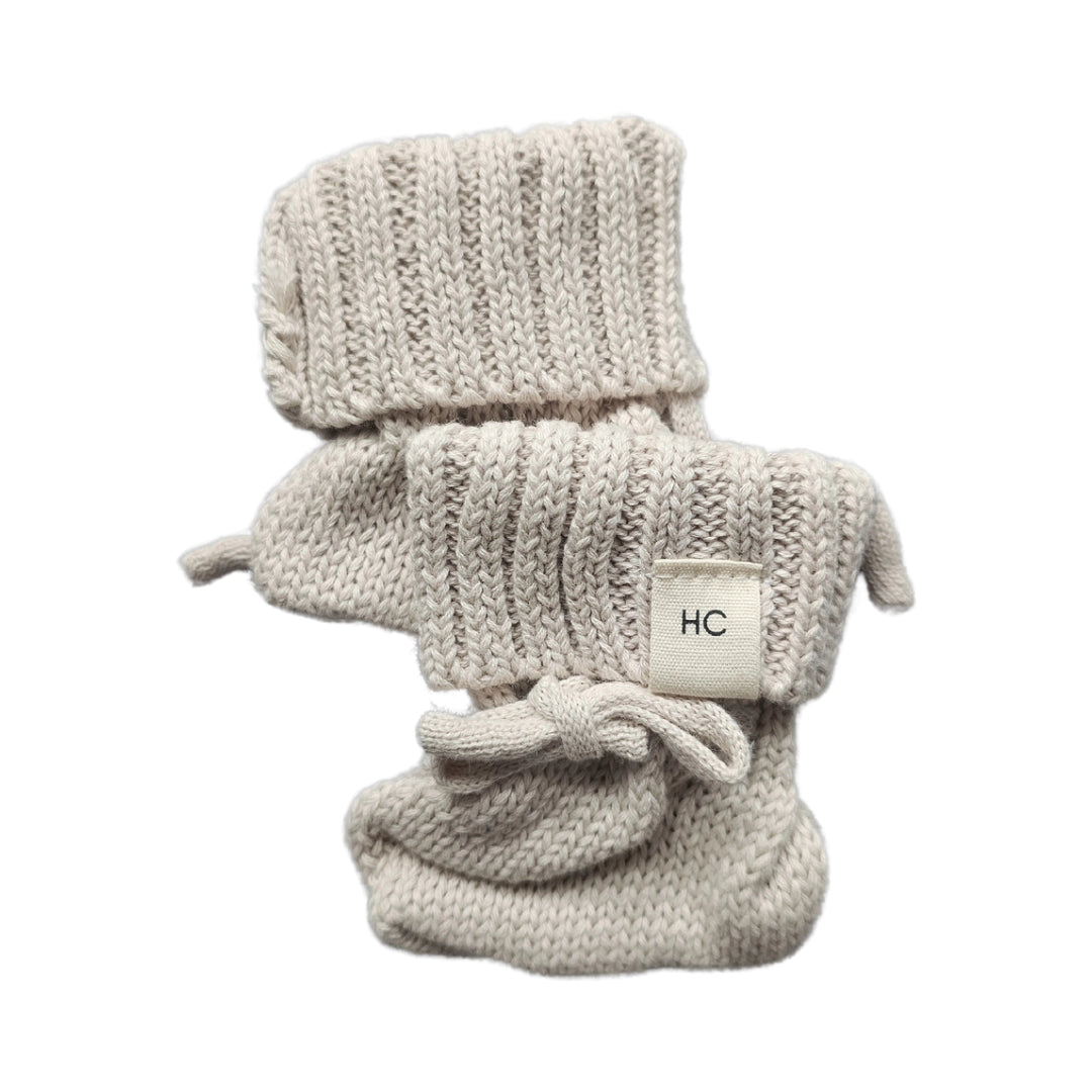 Earthy Taupe organic cotton newborn booties, soft knitted baby booties for 0–3 months by Harper Clare.