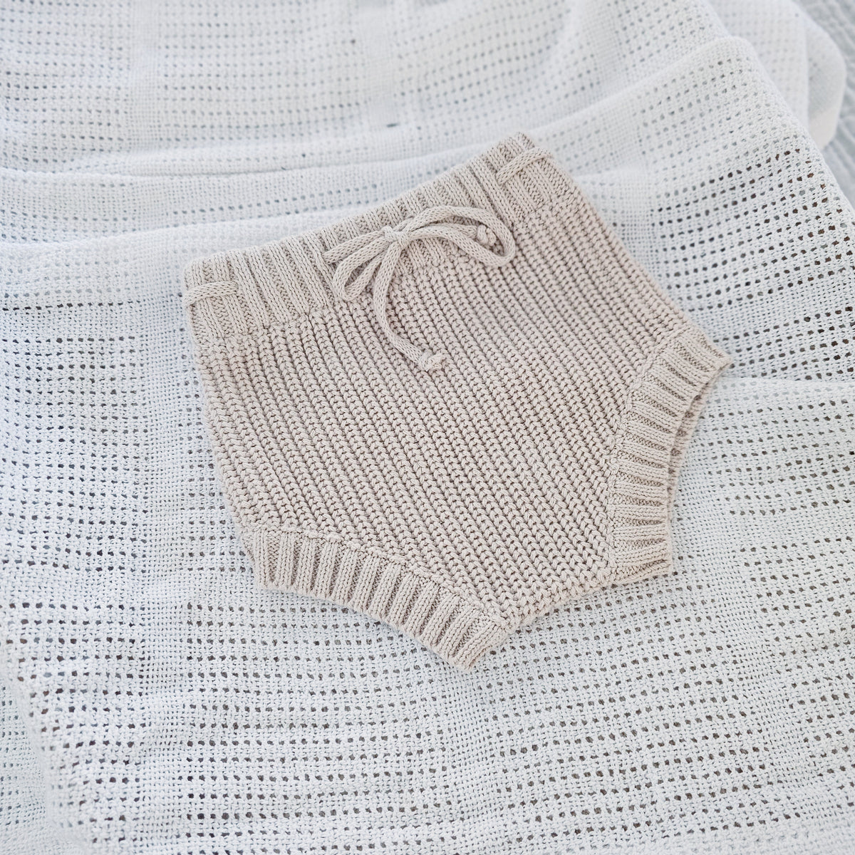 Earthy Taupe beige organic cotton knitted baby shorties bloomers 0-3 months