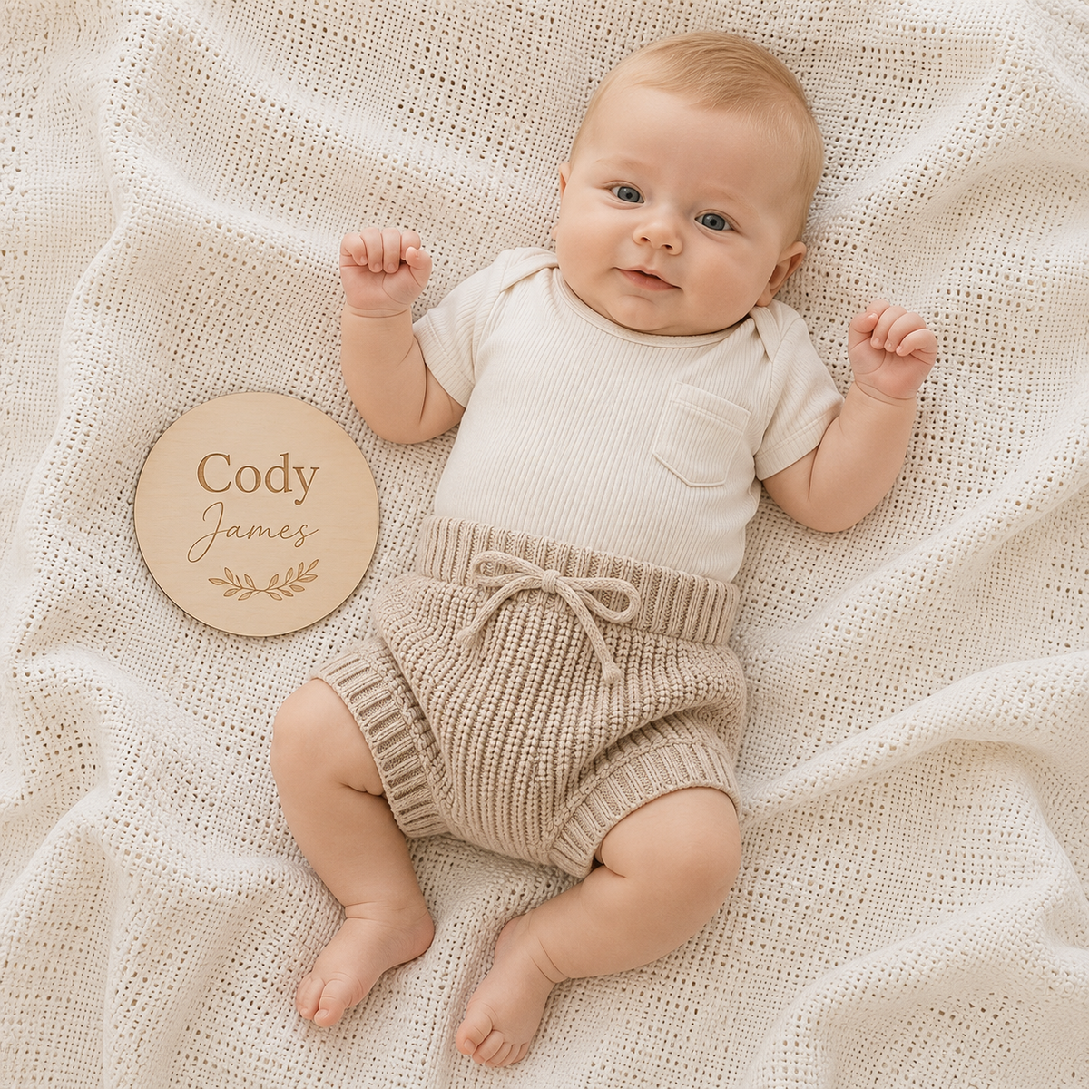 beige organic cotton 0-3 months baby bloomers, shorties