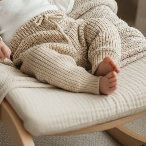 Newborn baby sleeping in a rocking chair with a soft blanket