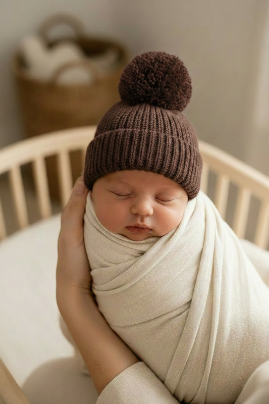 Chocolate Chunky Knit Baby Beanie - Brown Pom Pom