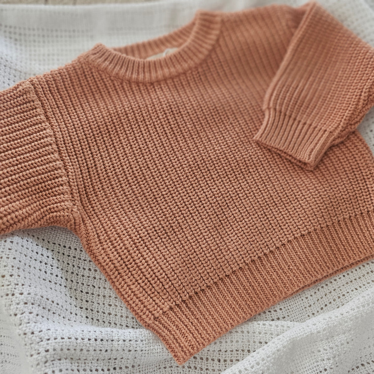Dusty Clay organic cotton newborn jumper, soft knitted baby outfit for 0–3 months by Harper Clare