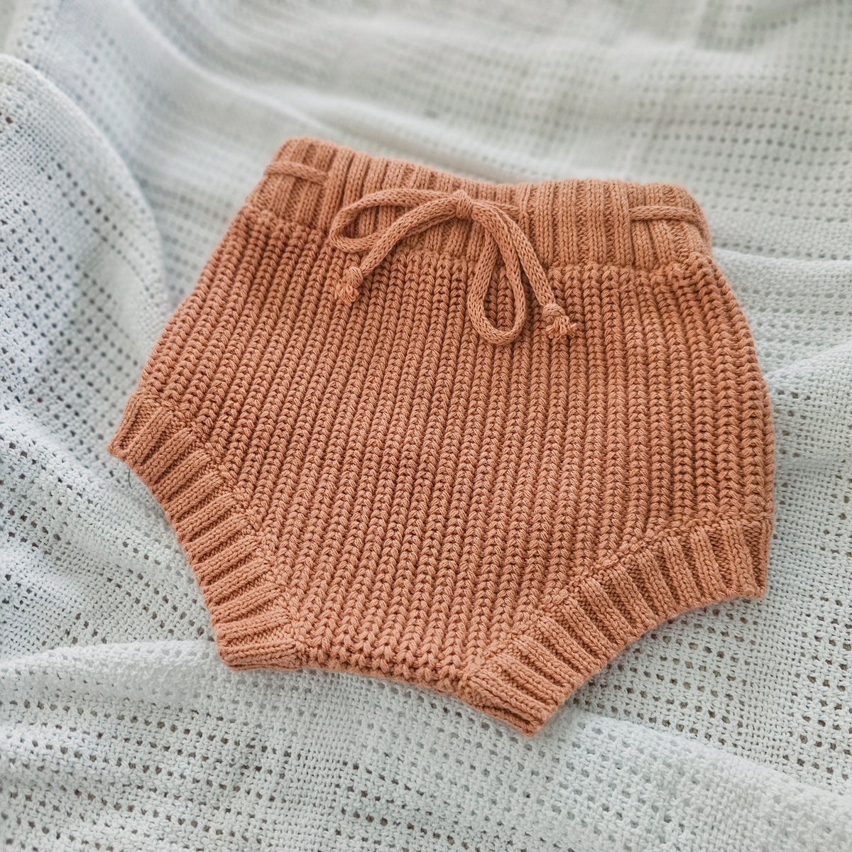 Dusty clay organic cotton knitted baby shorties bloomers 0-3 months