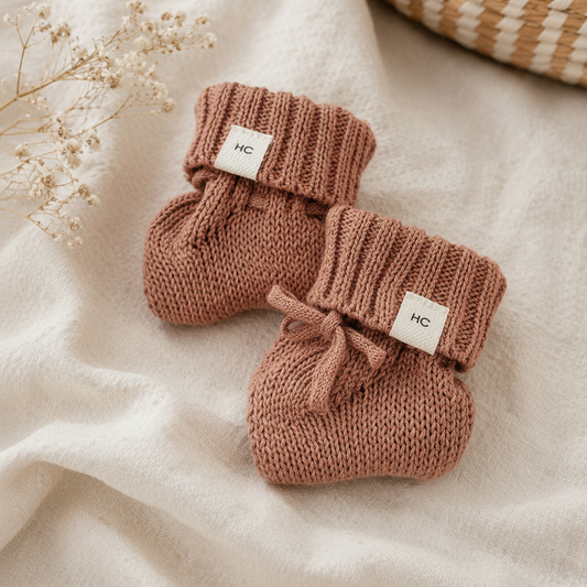 Dusty Clay organic cotton newborn booties, soft knitted baby booties for 0–3 months by Harper Clare.