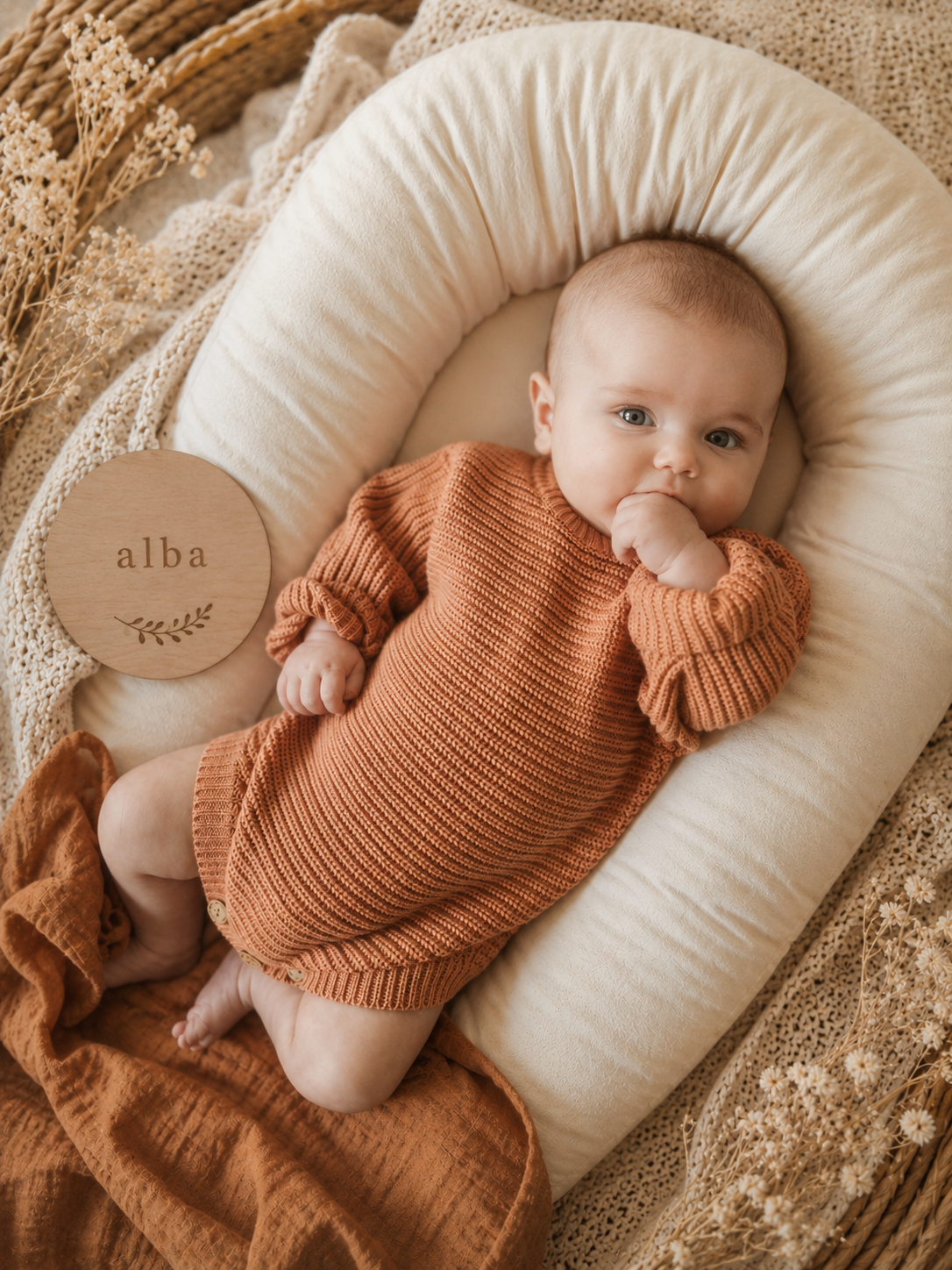 Dusty Clay organic cotton newborn romper, soft knitted baby outfit for 0–3 months by Harper Clare.