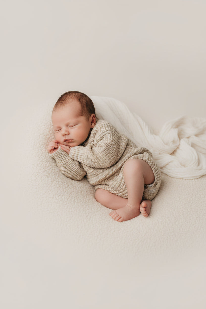 earthy taupe short romper with newborn baby 