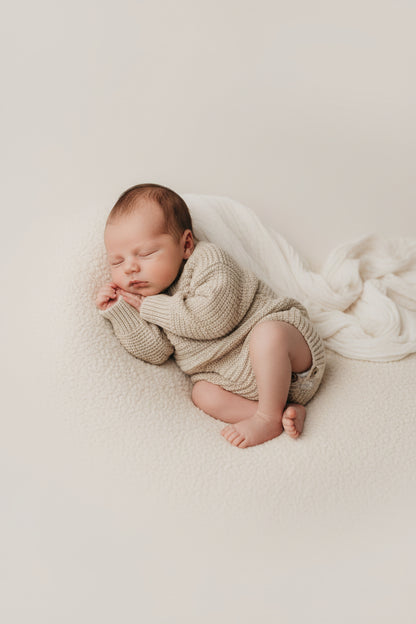 earthy taupe short romper with newborn baby 
