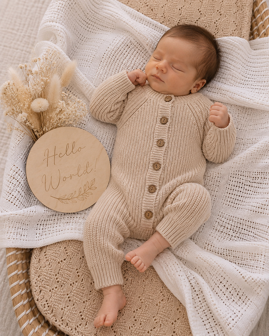 Earthy taupe chunky knit baby bodysuit with wooden buttons, newborn size