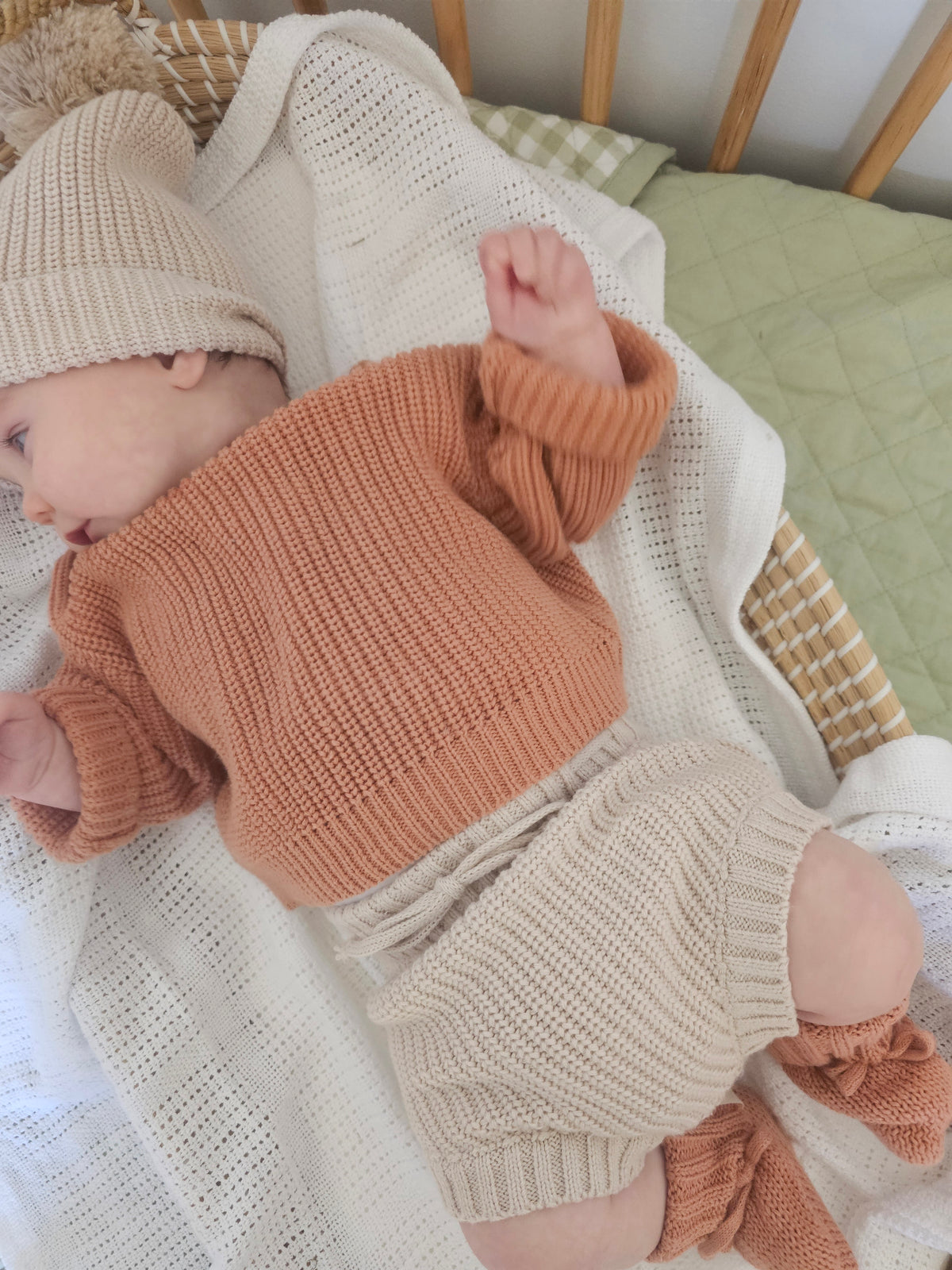 Dusty Clay and Earthy Taupe organic cotton knitted baby outfit with jumper, booties, bloomers and beanie