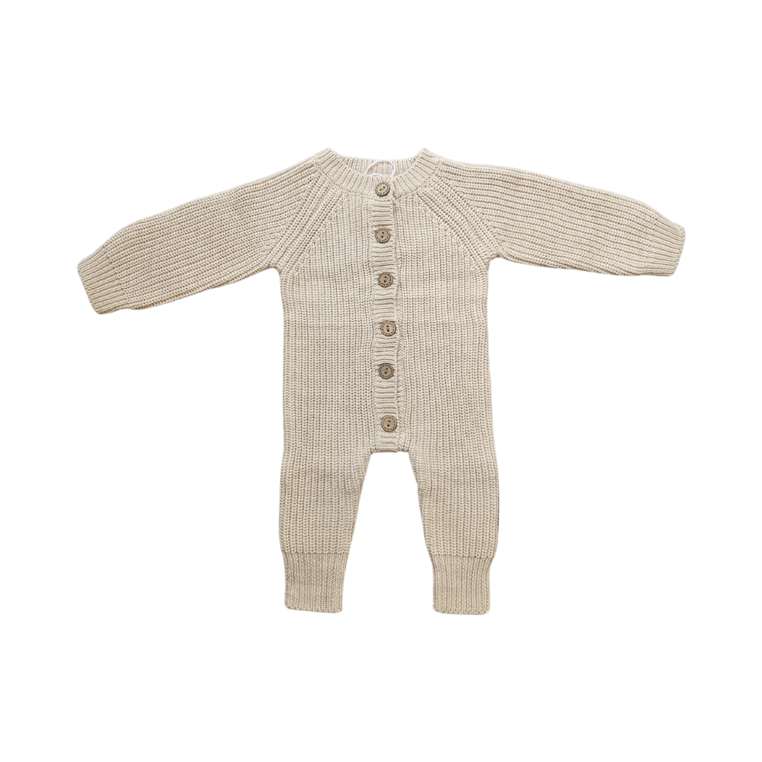 Earthy taupe chunky knit baby bodysuit with wooden buttons, newborn size
