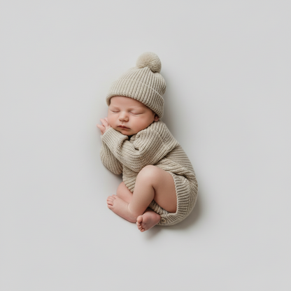 A sleeping newborn baby wearing a beige long-sleeve knit romper and pom pom beanie