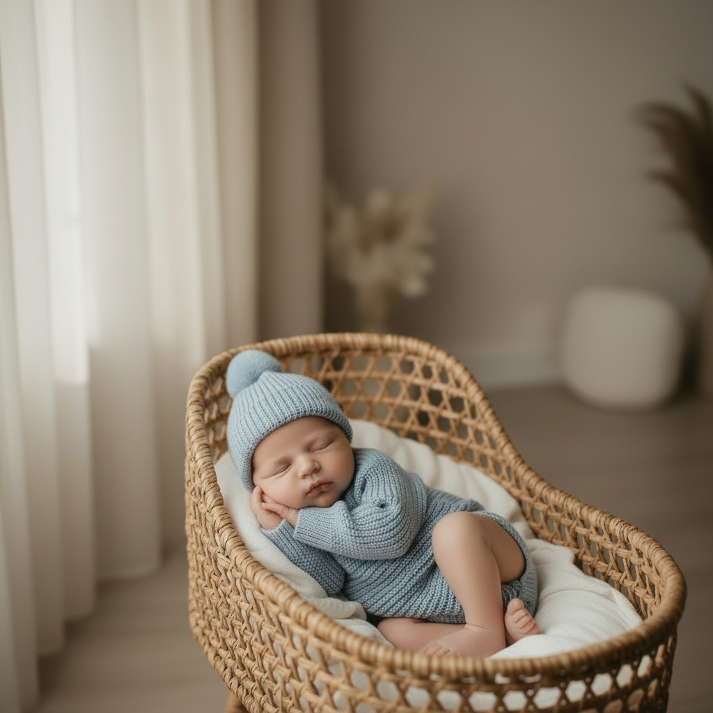 A sleeping newborn baby wearing a beige knit bonnet with a pom-pom and a matching knit romper, resting on a white muslin blanket inside a light wood bassinet.