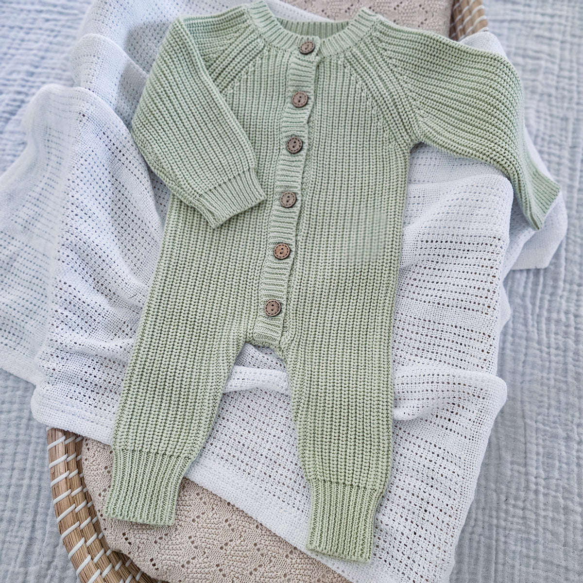 Tea Green sage green organic cotton knitted newborn long romper 0-3 months