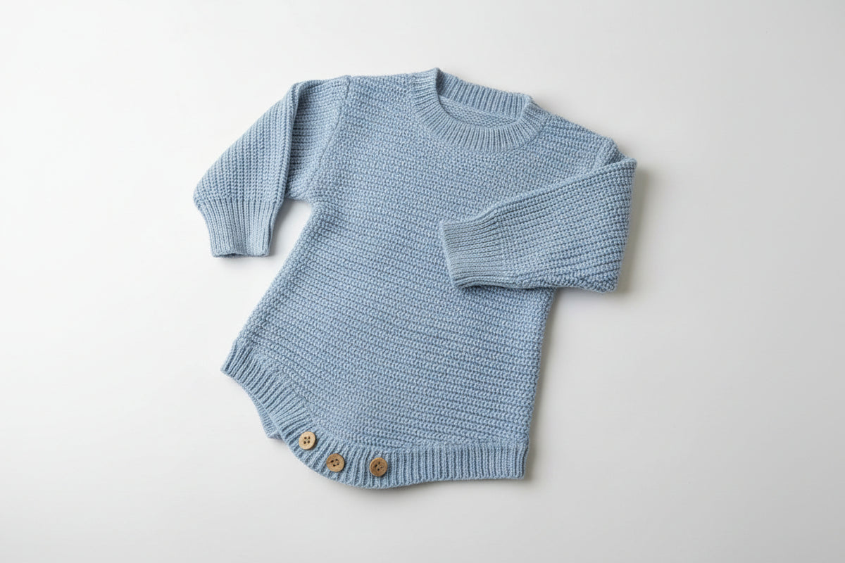 A light blue ribbed knit baby romper with three wooden buttons on the bottom