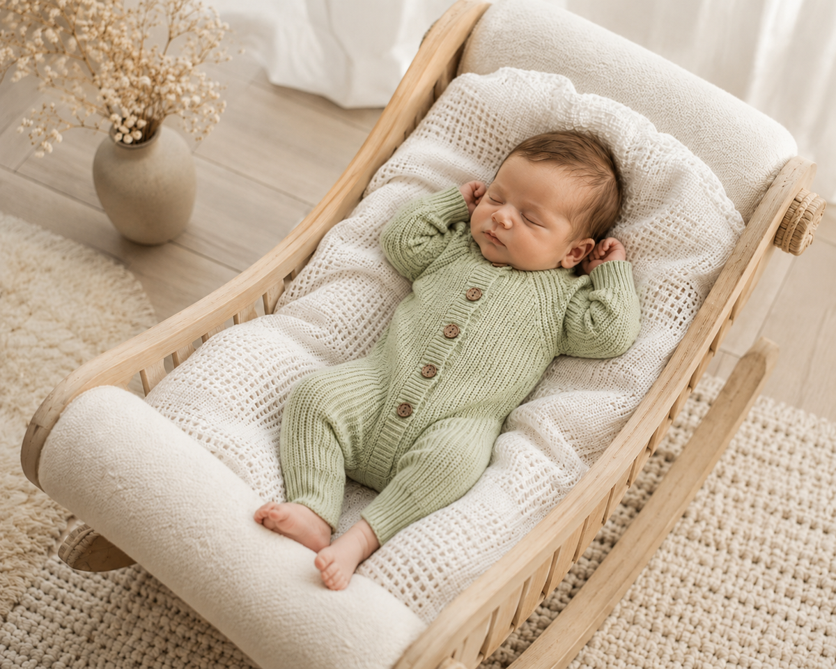 Tea green sage green organic cotton knitted newborn long romper