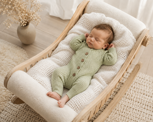 Tea green sage green organic cotton knitted newborn long romper