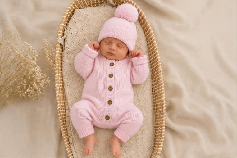 Marshmallow Pink baby pink organic cotton knitted newborn long romper 0-3 months