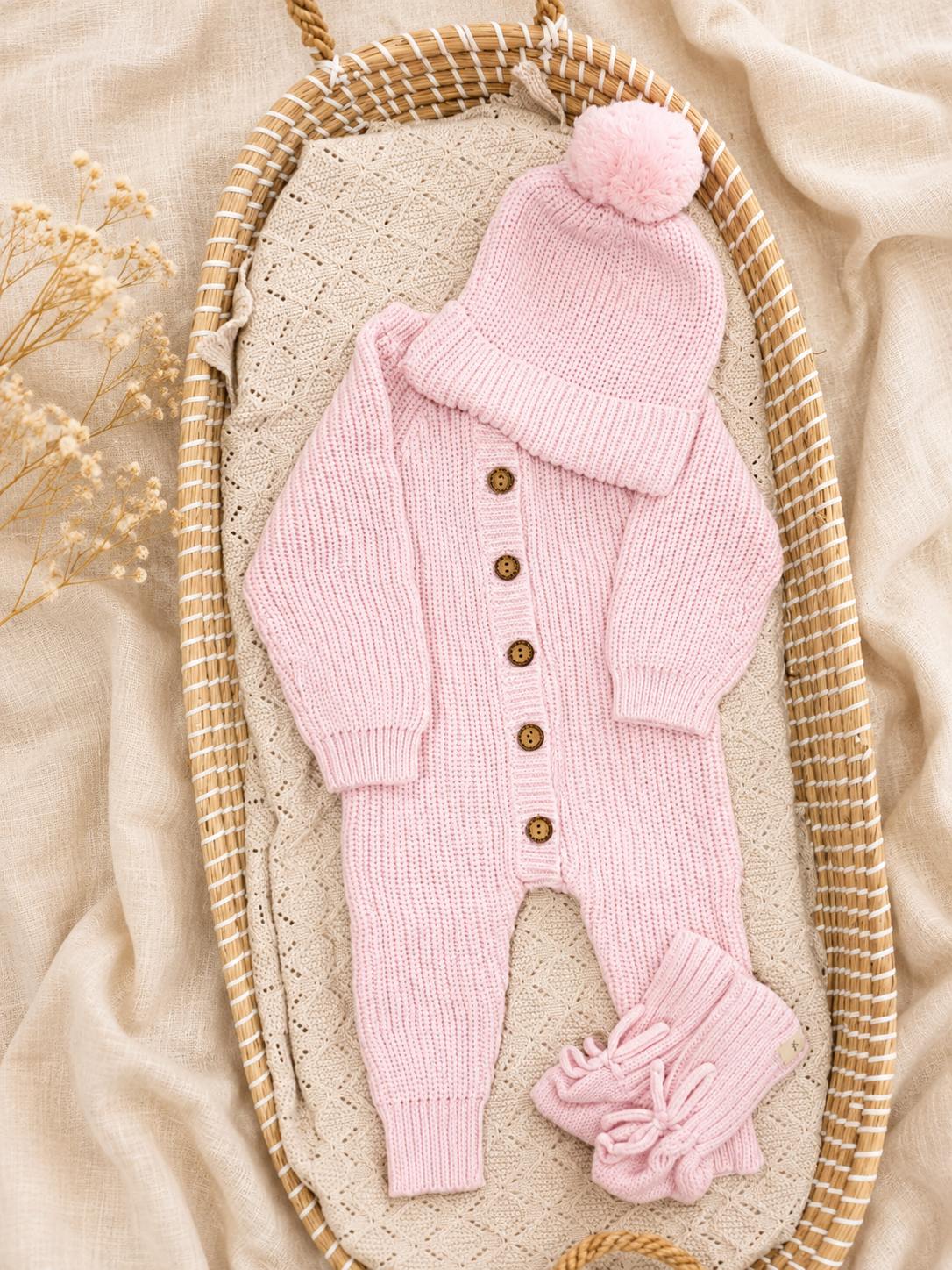 Marshmallow Pink baby pink organic cotton knitted newborn outfit with long romper, booties and beanie 0-3 months