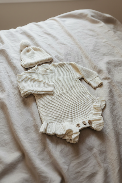 Milk white frill romper flat lay on linen