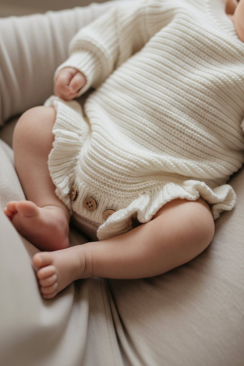 Milk White Frill Short Newborn Knit Romper | Organic Cotton
