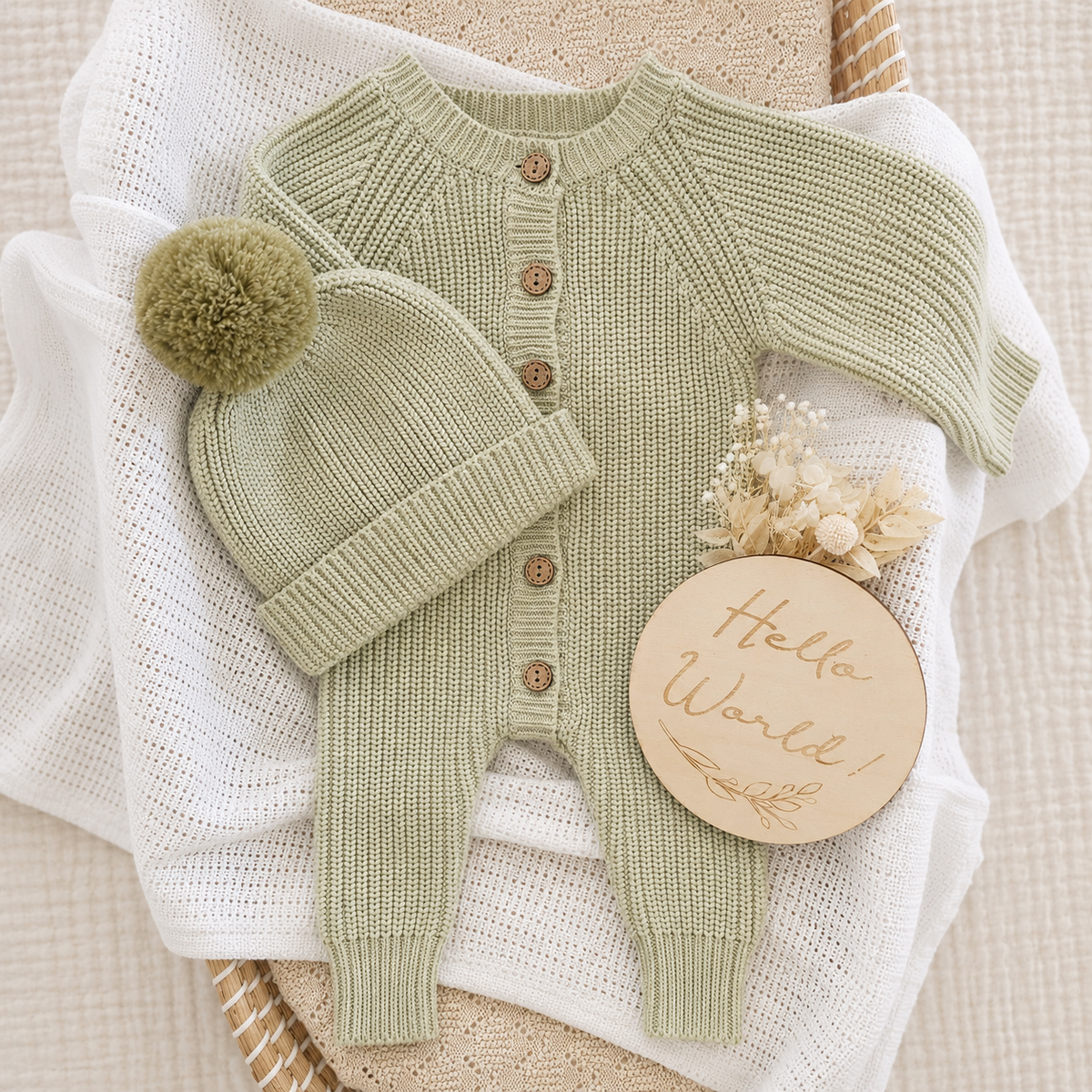 Sage green tea green organic cotton knitted newborn long romper