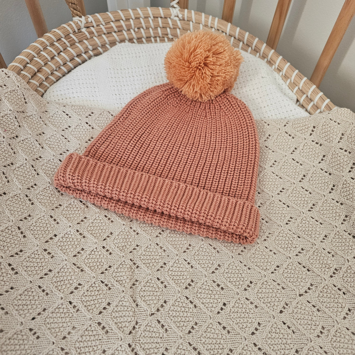 Organic cotton knitted baby beanie for newborns dusty clay