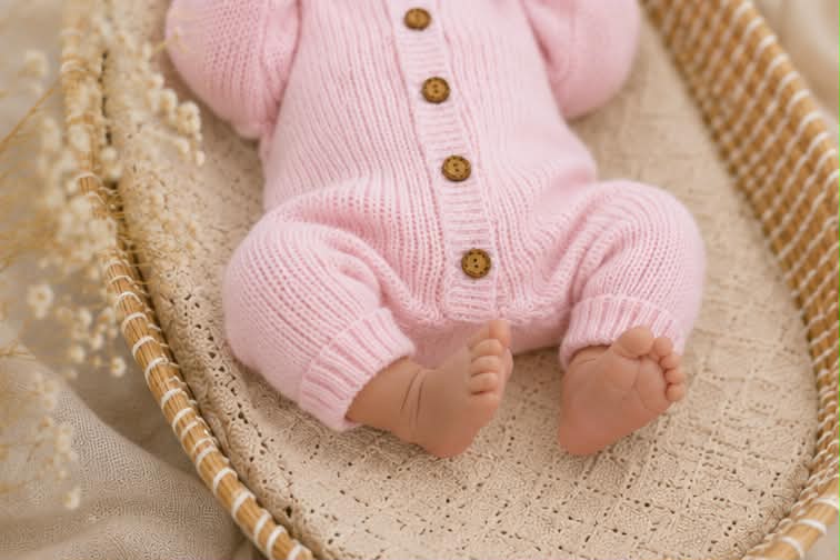 Marshmallow Pink baby pink organic cotton knitted newborn long romper 0-3 months