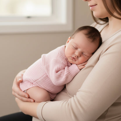 A sleeping newborn baby wearing a pink knit long-sleeve romper, lying on a textured cream-colored mattress in a softly lit room.
