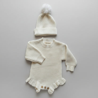 Milk White Frill Short Newborn Knit Romper | Organic Cotton