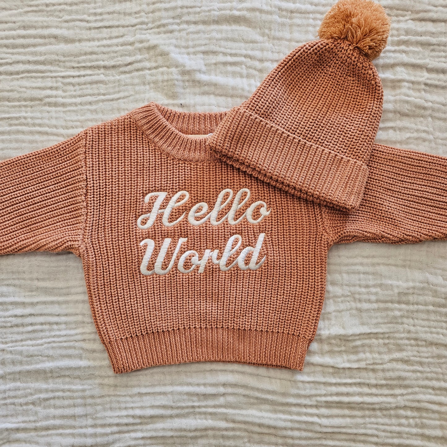 'HELLO WORLD' Chunky Knit Jumper | Dusty Clay