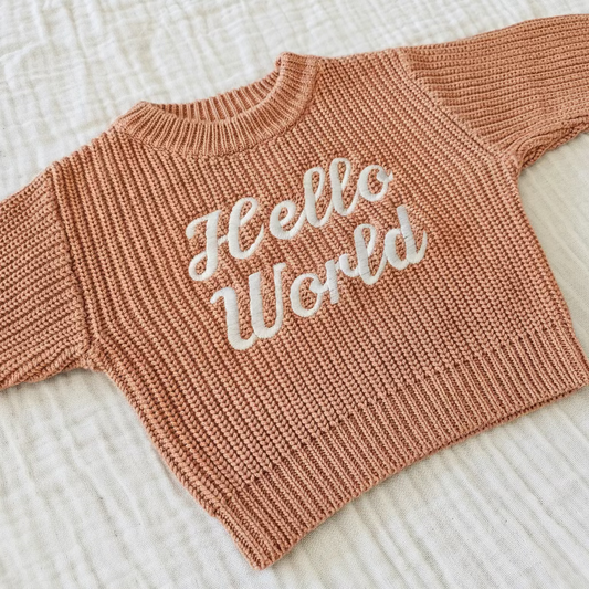 'HELLO WORLD' Chunky Knit Jumper | Dusty Clay